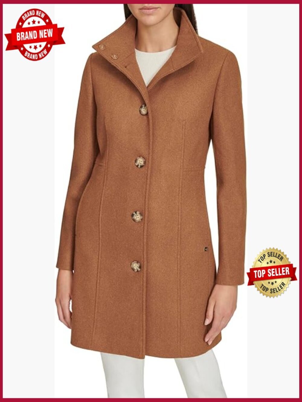 Faux Wool Long Coat with Stand Collar, Button Front, Overcoat